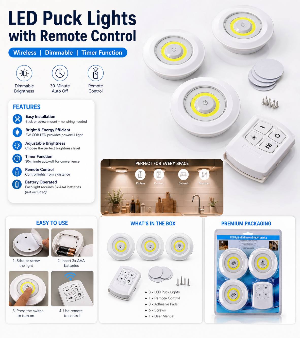 Remote-Controlled LED Puck Lights