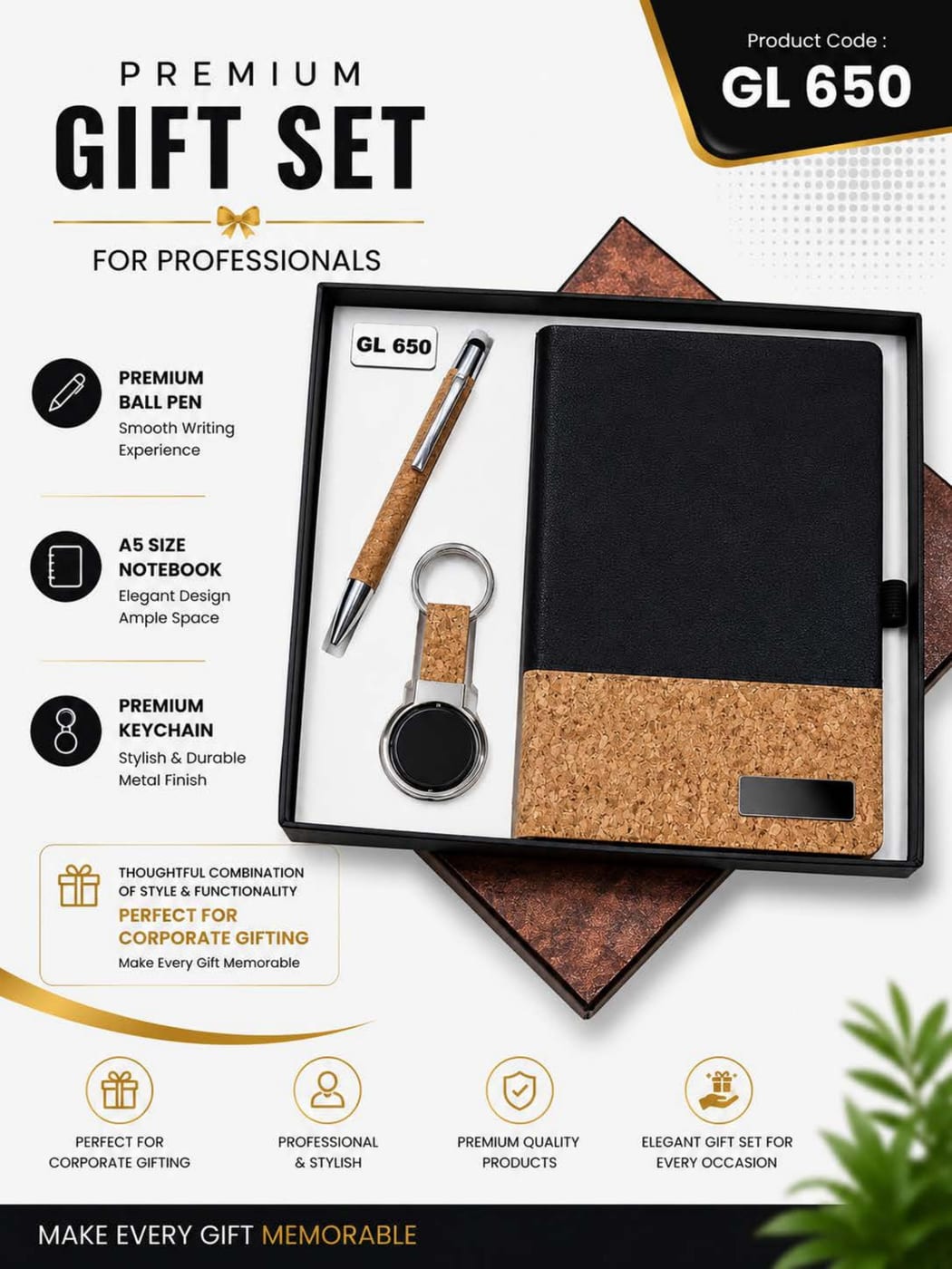 Pen & Notebook & keychain Set — Black/Cork
