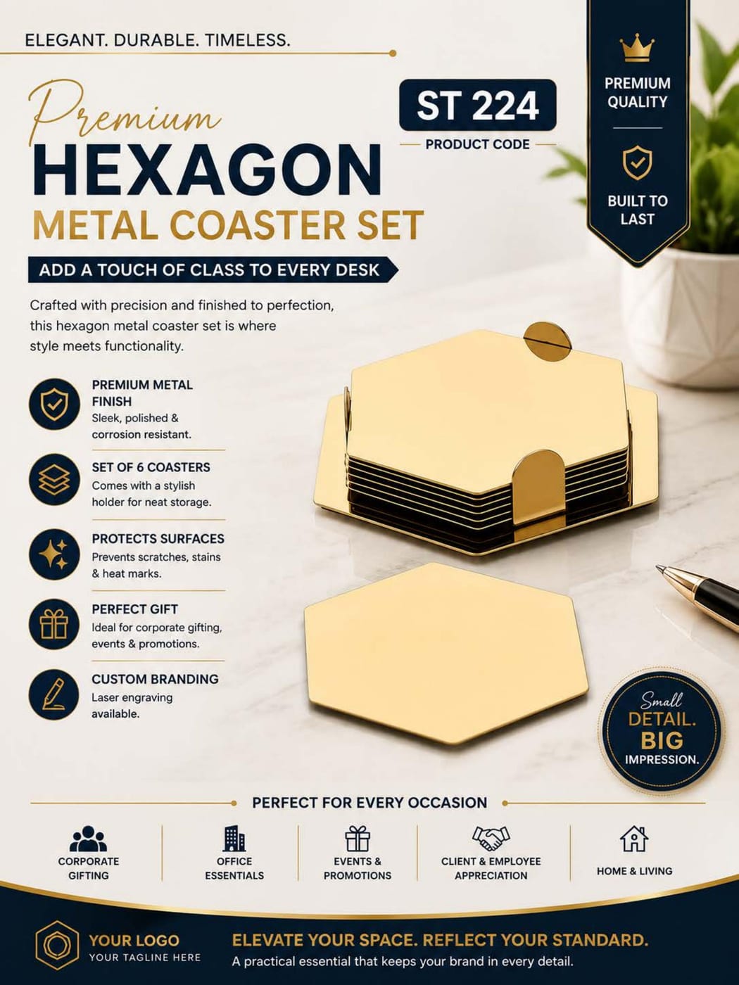 Premium Hexagon Metal Coaster Set