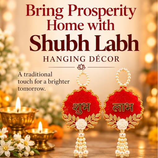 Red Floral Shubh Labh Resin Hanging Pair