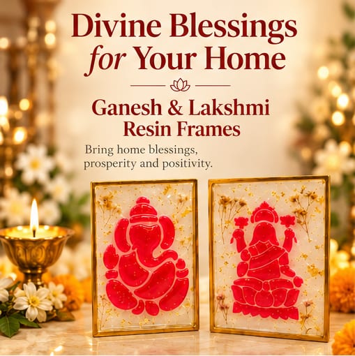 Floral Ganesh and Lakshmi Resin Frame Pair