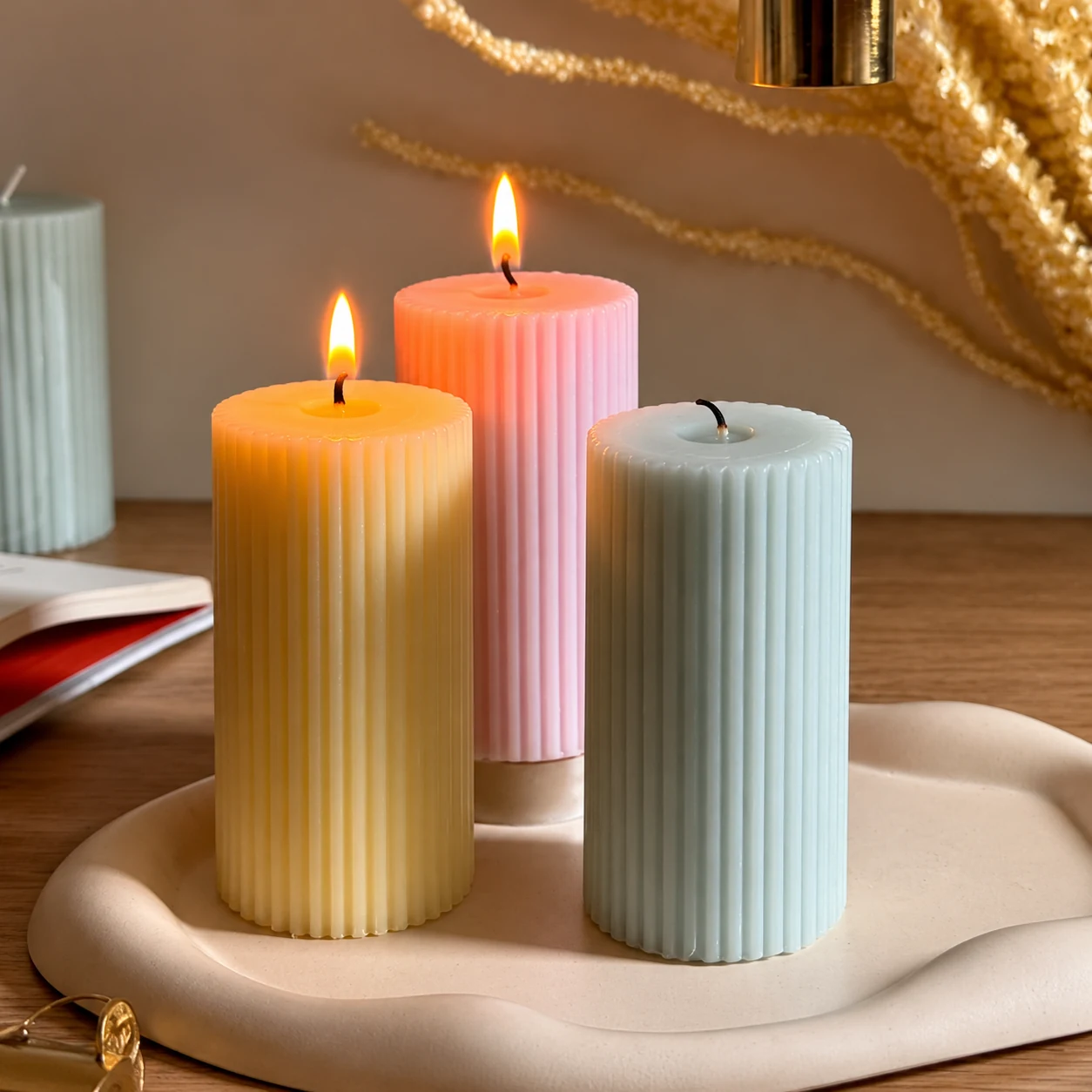 Multicolour Ribbed Pillar Candle