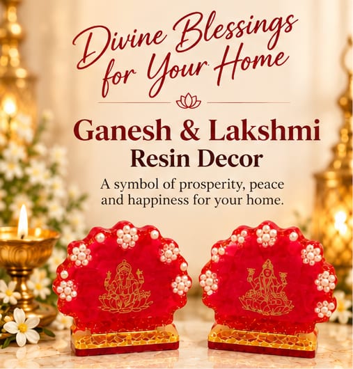 Red Pearl-Trim Ganesh and Lakshmi Resin Décor Pair